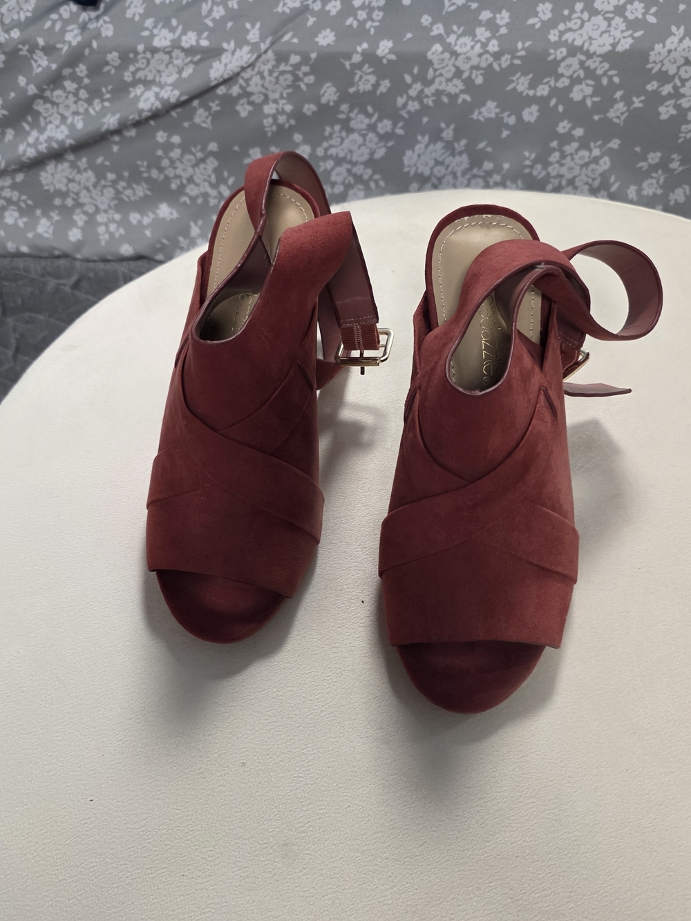 Shoe Dazzle Burgundy Suede Peep-Toe Slingback Heels